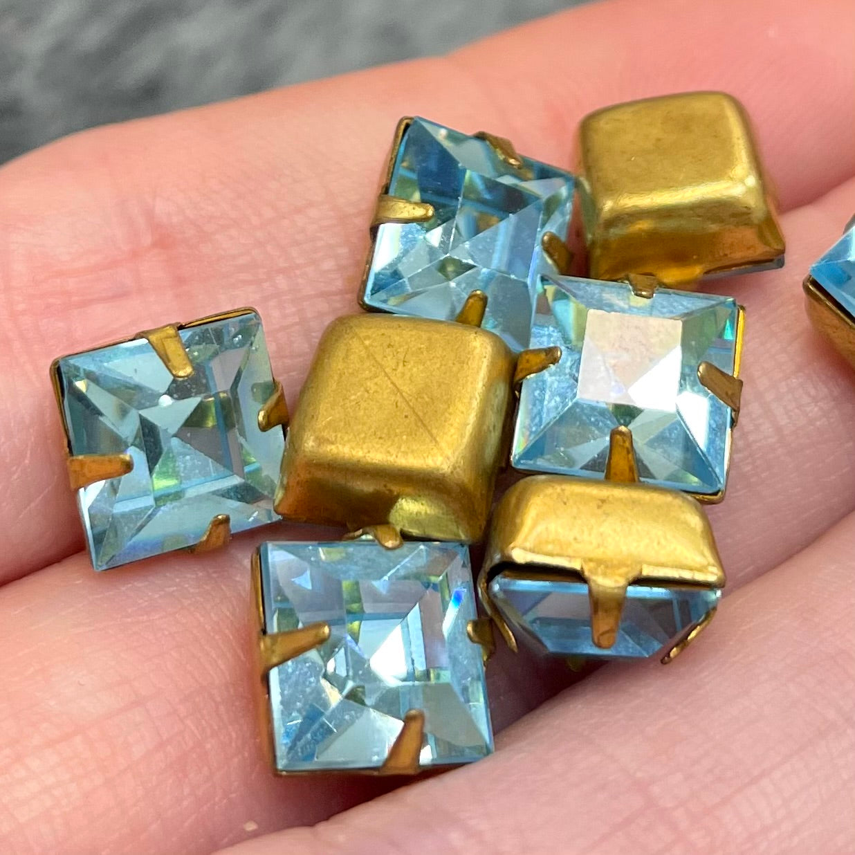 8 Vintage Blue Aqua Square Glass Stones in Settings