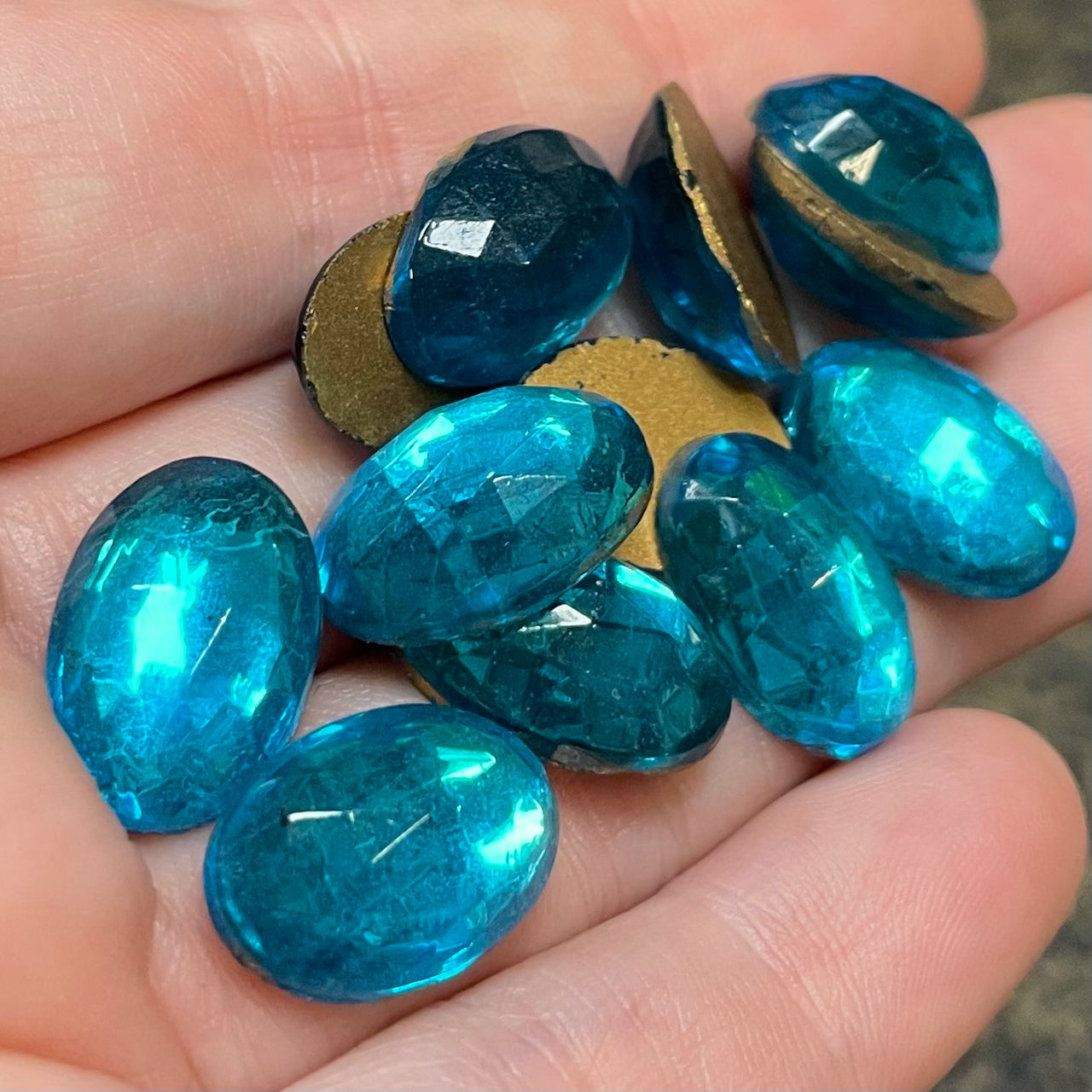 12 Vintage Blue Aqua Dark Oval Glass Cabochons #150