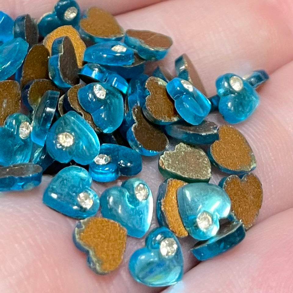 50 Vintage Blue Aqua Heart Rhinestone Tiny Glass Cabochons