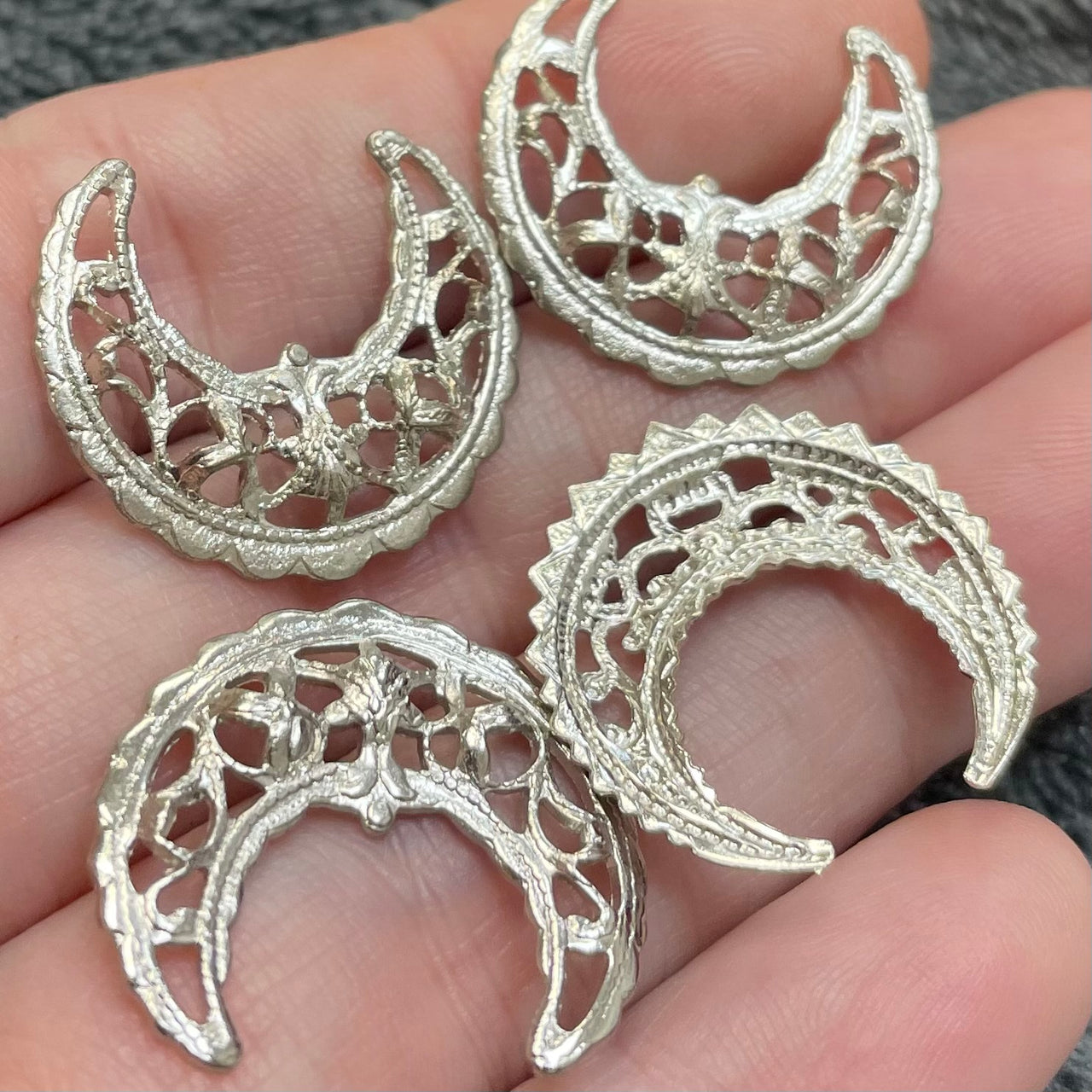 8 Vintage Silver Plated Half Moon Metal Stampings