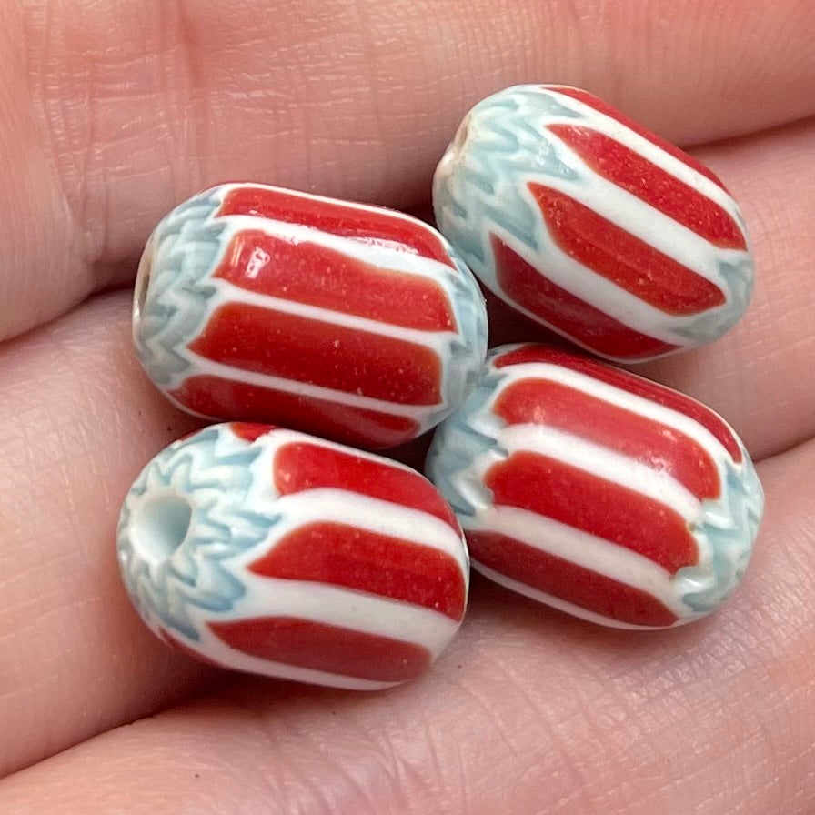 4 Vintage Red Turquoise Chevron Oval Glass Beads