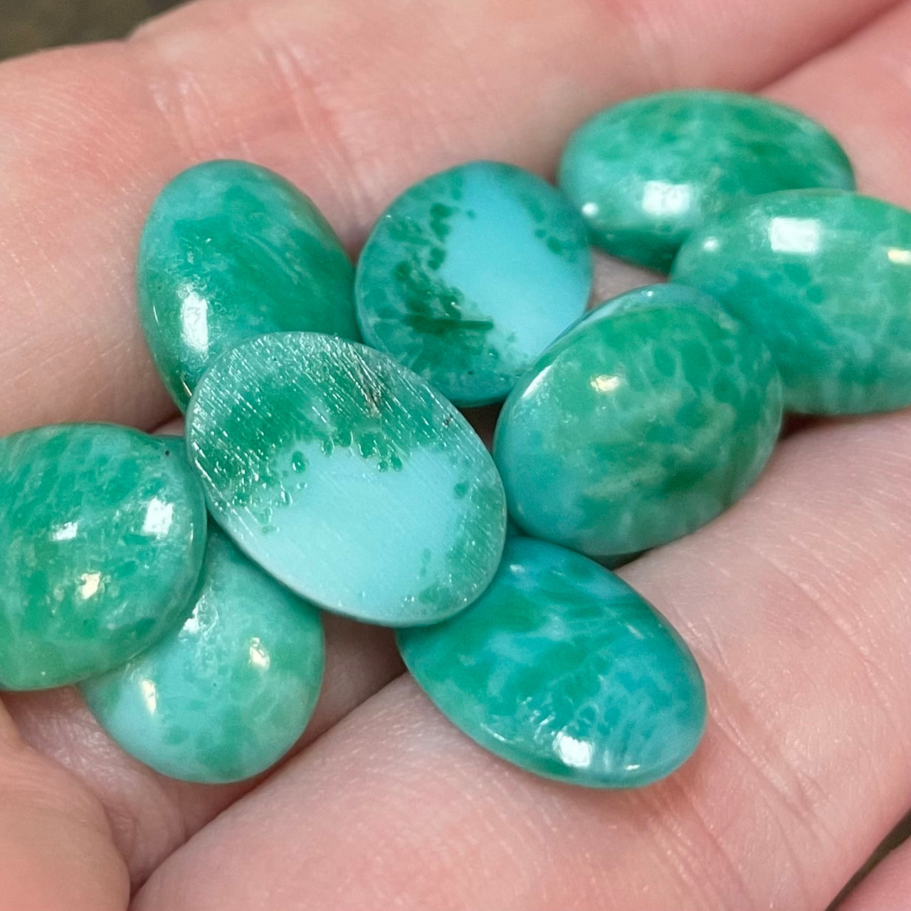 10 Vintage Green Aqua Japan Oval Mottled Glass Cabochons