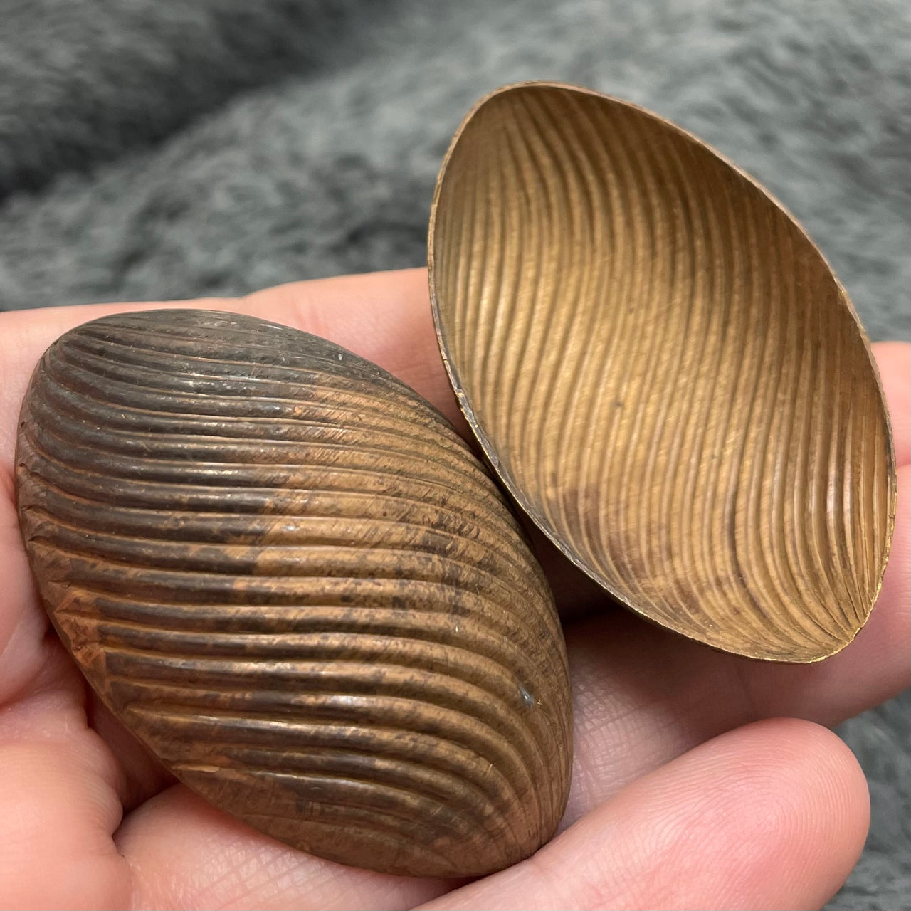 2 Vintage Plated Brass Striped Domed Oval Stampings