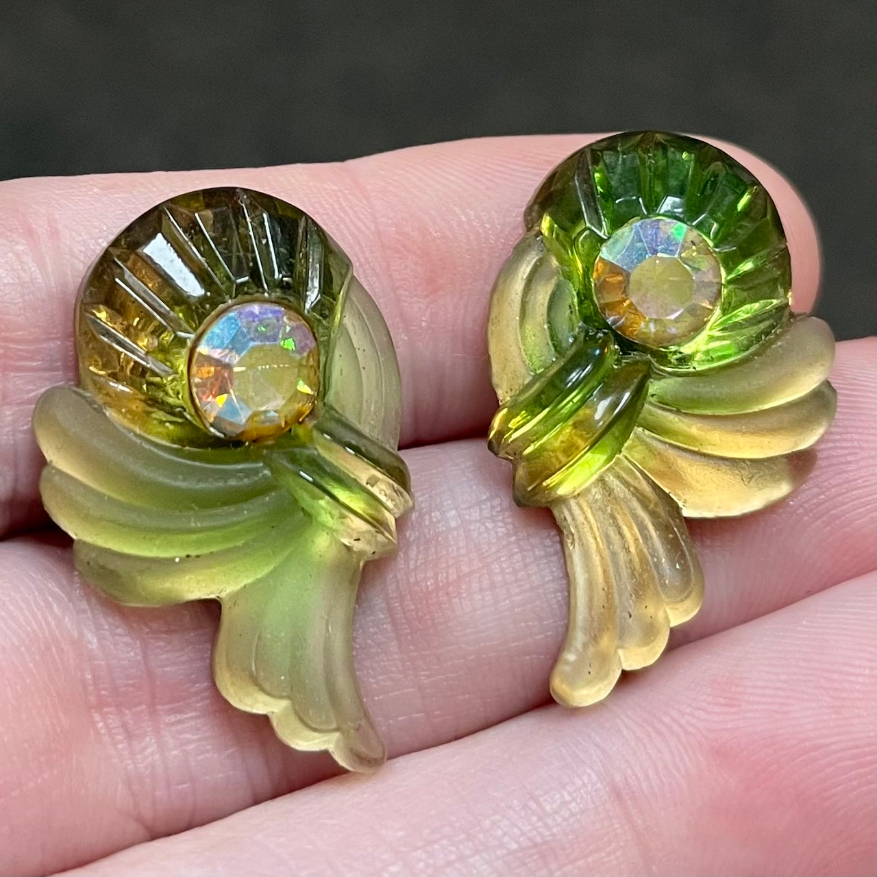 2 Vintage Green Topaz German Ribbon Moonglow Glass Cabochons