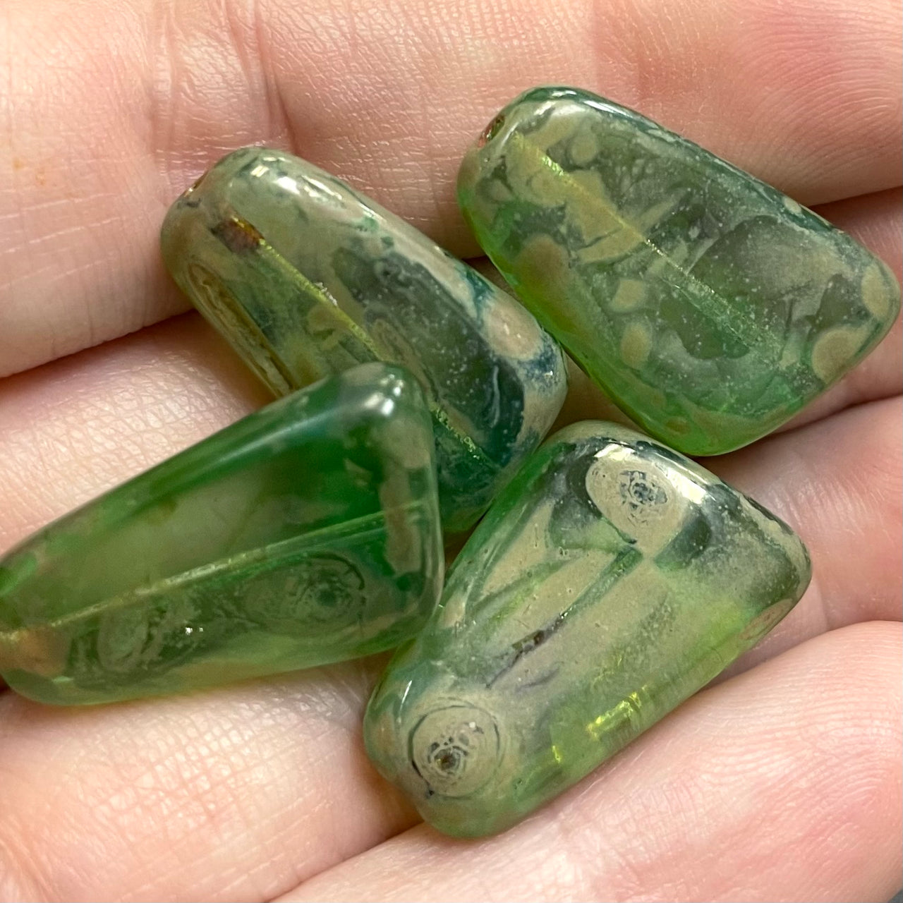 4 Green Picasso Czech Glass Beads