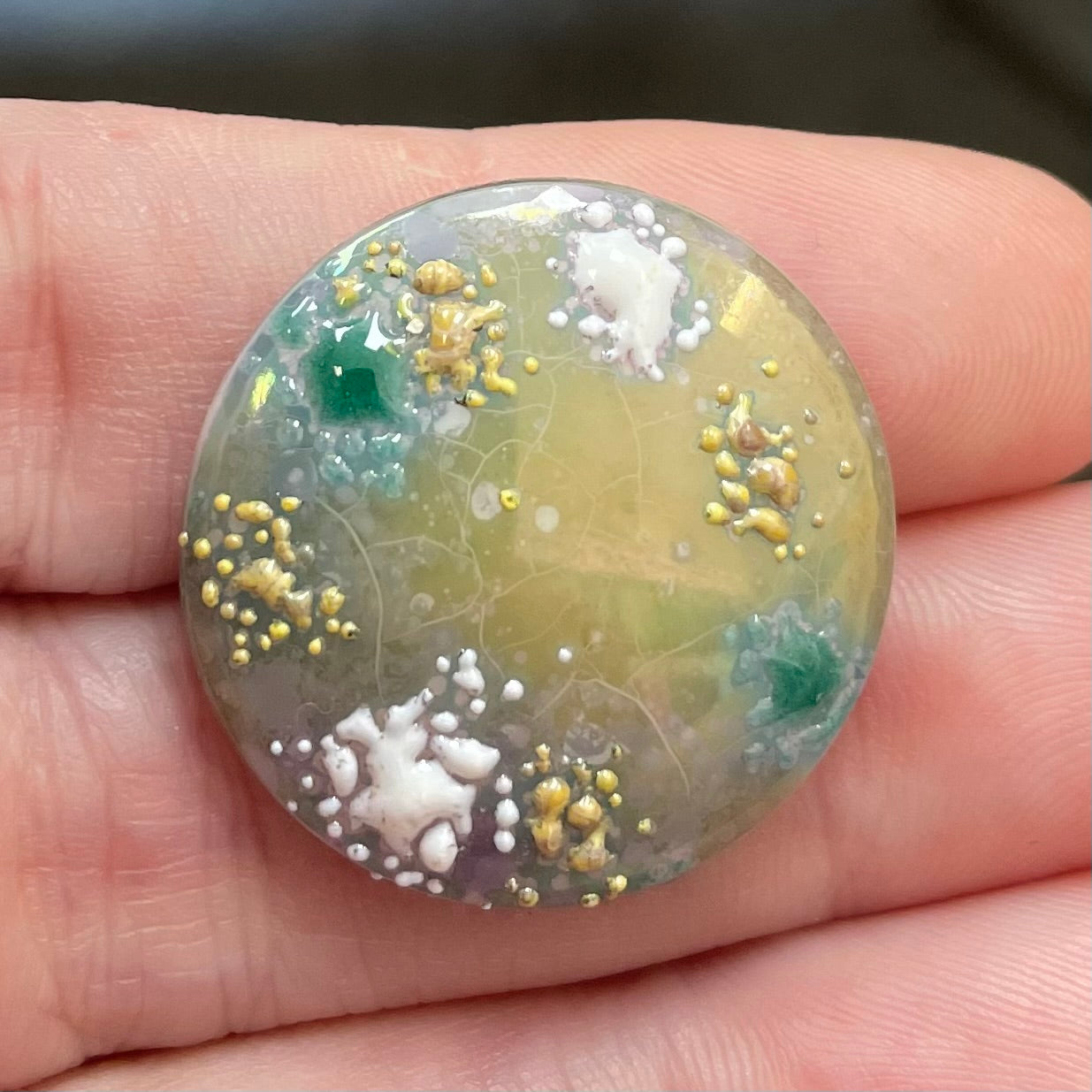 1 Vintage Green Glazed Round Glass Cabochon