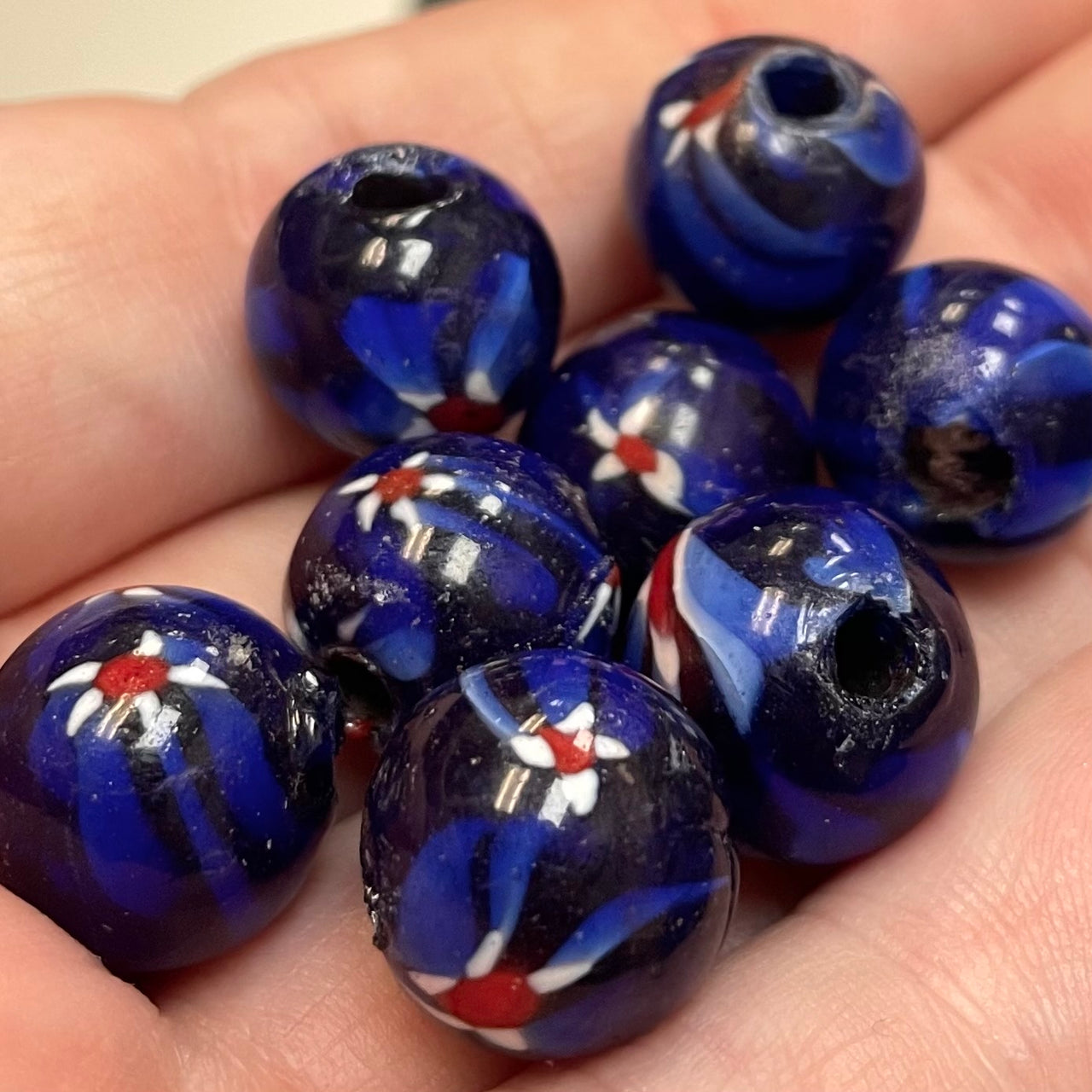 8 Vintage Blue Opaque Millefiori Round Glass Beads