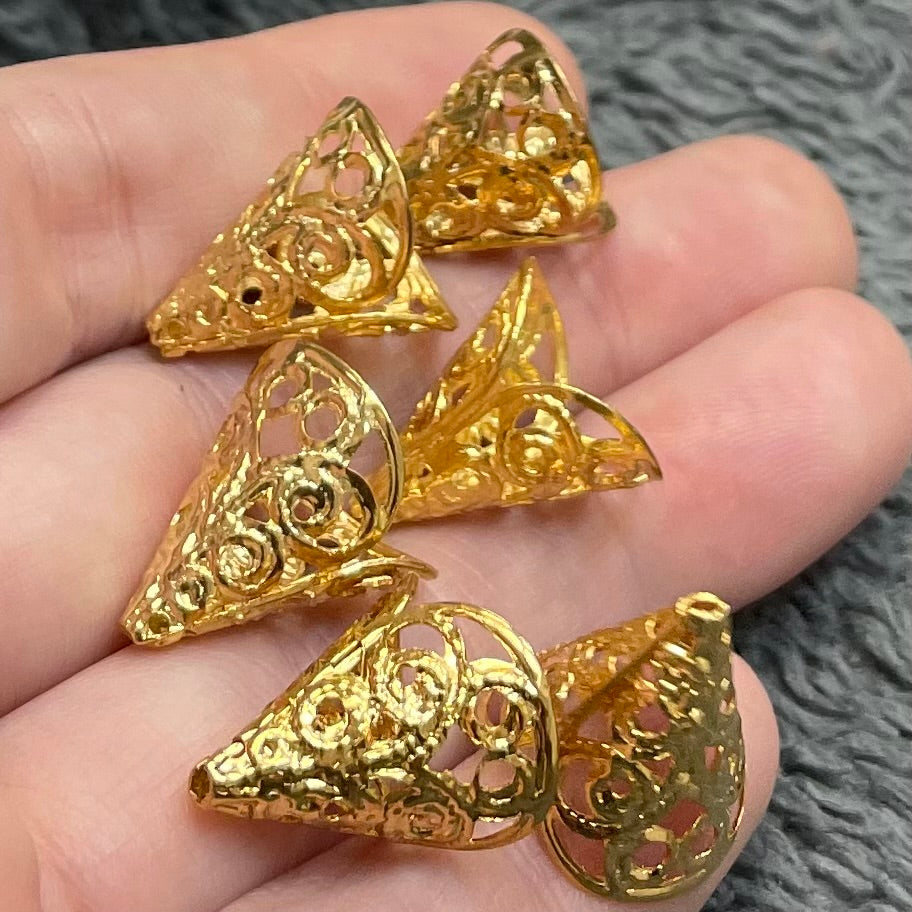 6 Vintage Gold Plated Filigree Cone Metal Bead Caps