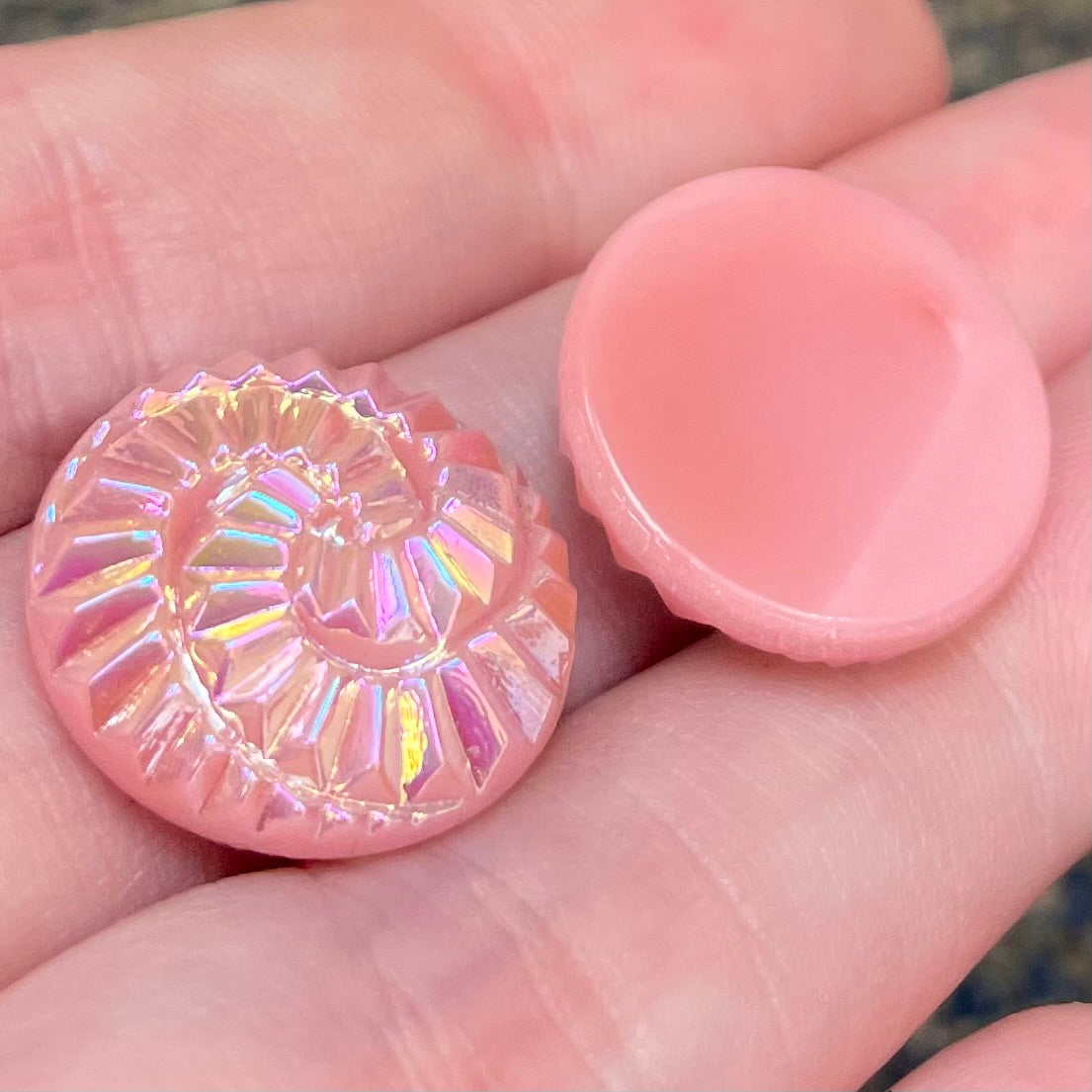 2 Vintage Pink AB German Round Spiral Glass Cabochons #9316