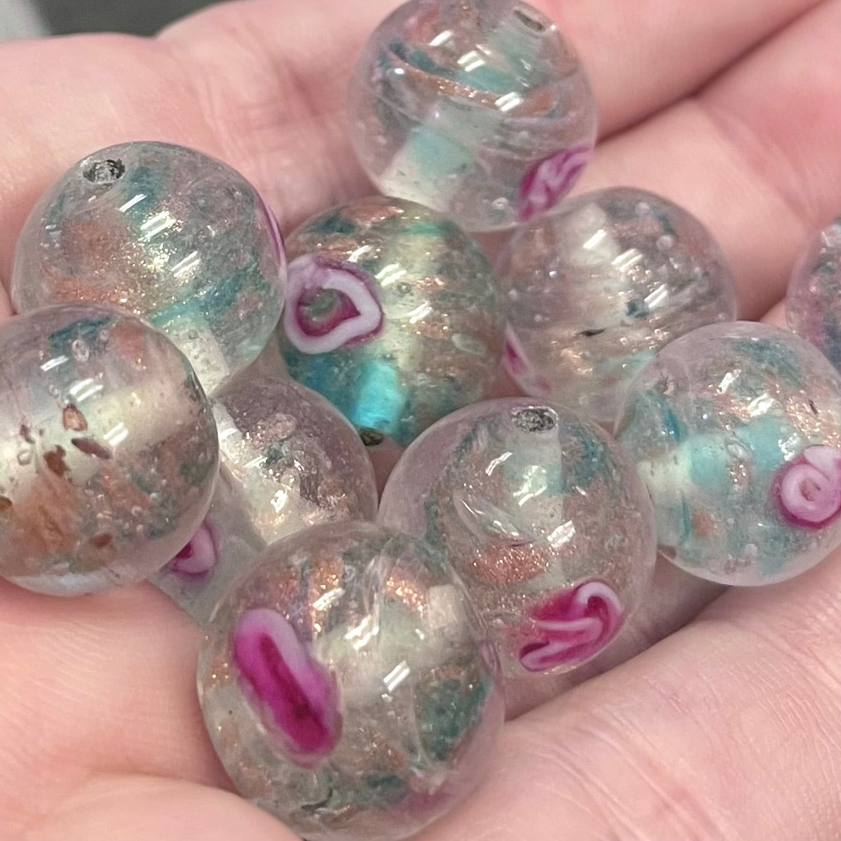 10 Vintage Blue Aqua Clear Rose Round Glass Beads