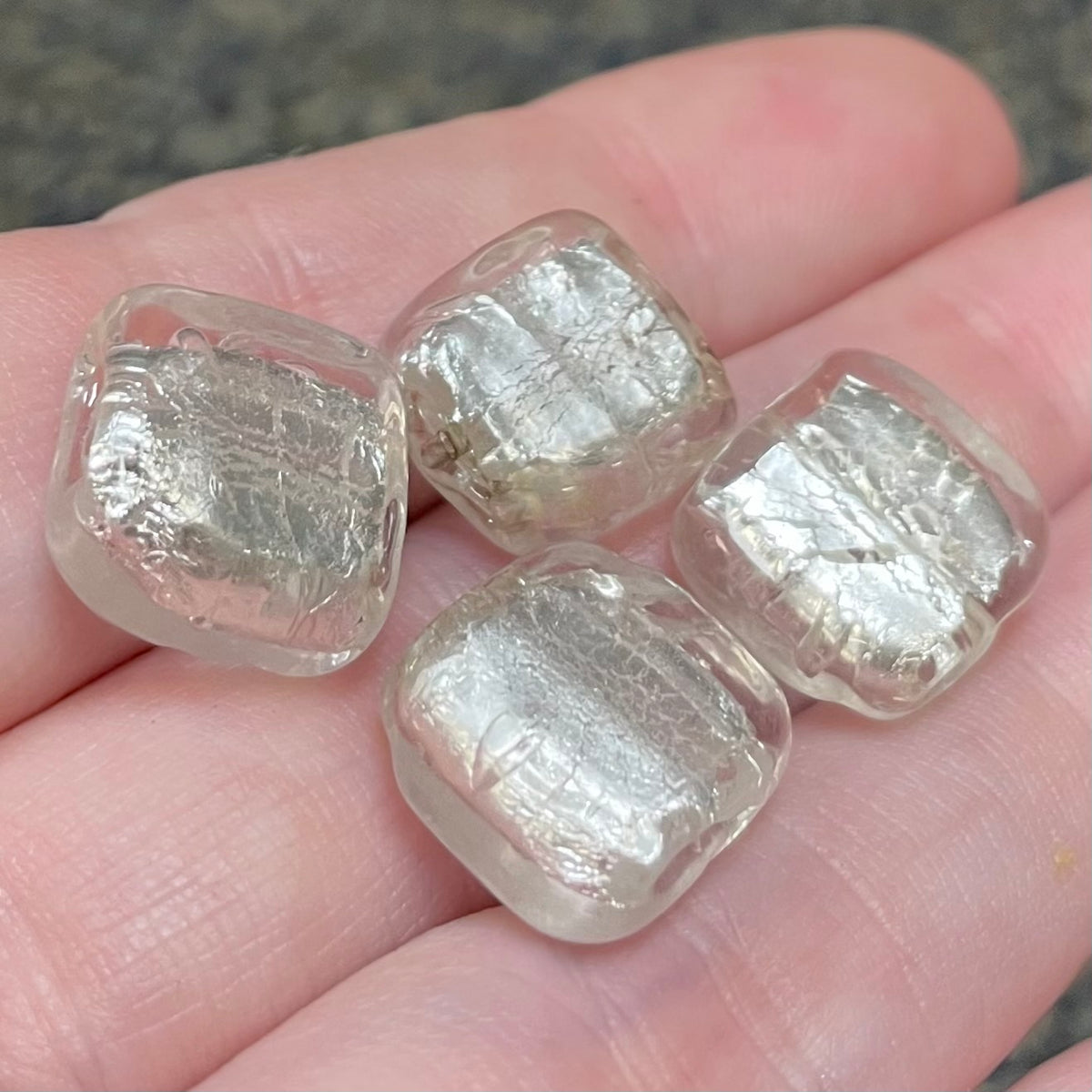 4 Vintage Silver Metallic Square Glass Beads