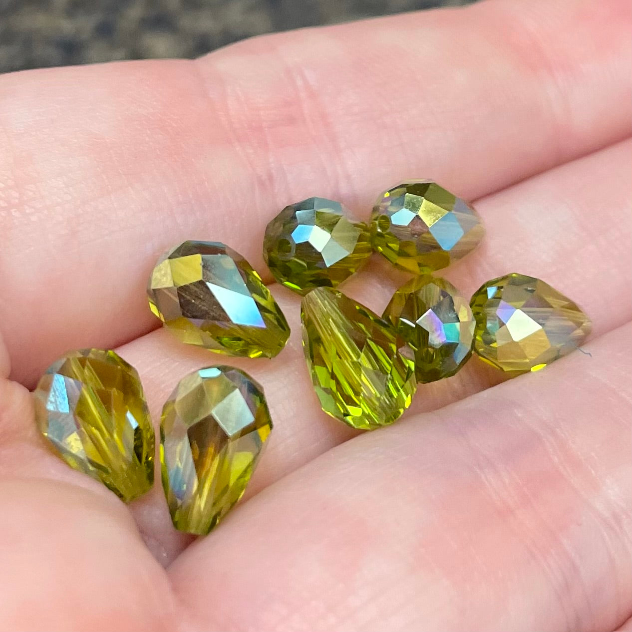 8 Vintage Green Olivine Light AB Swarovski Crystal Teardrop Beads Art #5500