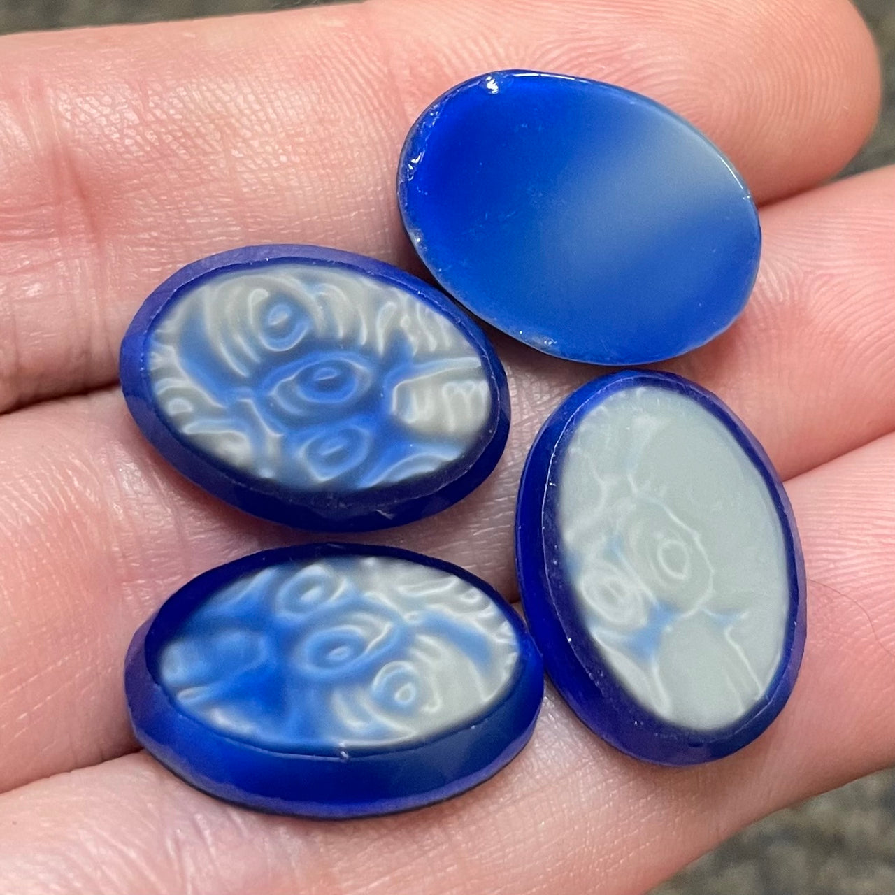 4 Vintage Blue White German Oval Glass Cabochons