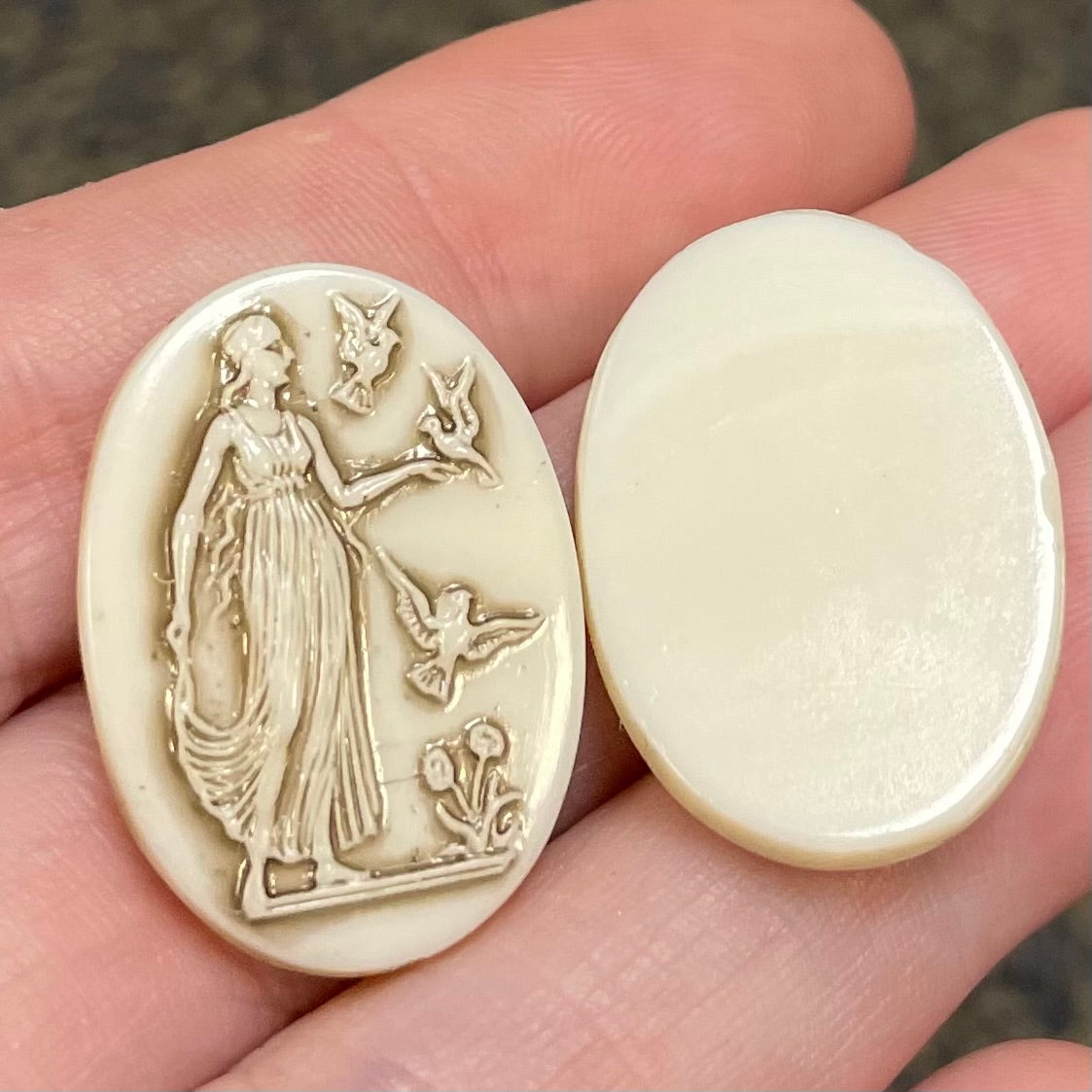 2 Vintage Ivory Lady With Birds Oval Glass Cabochons