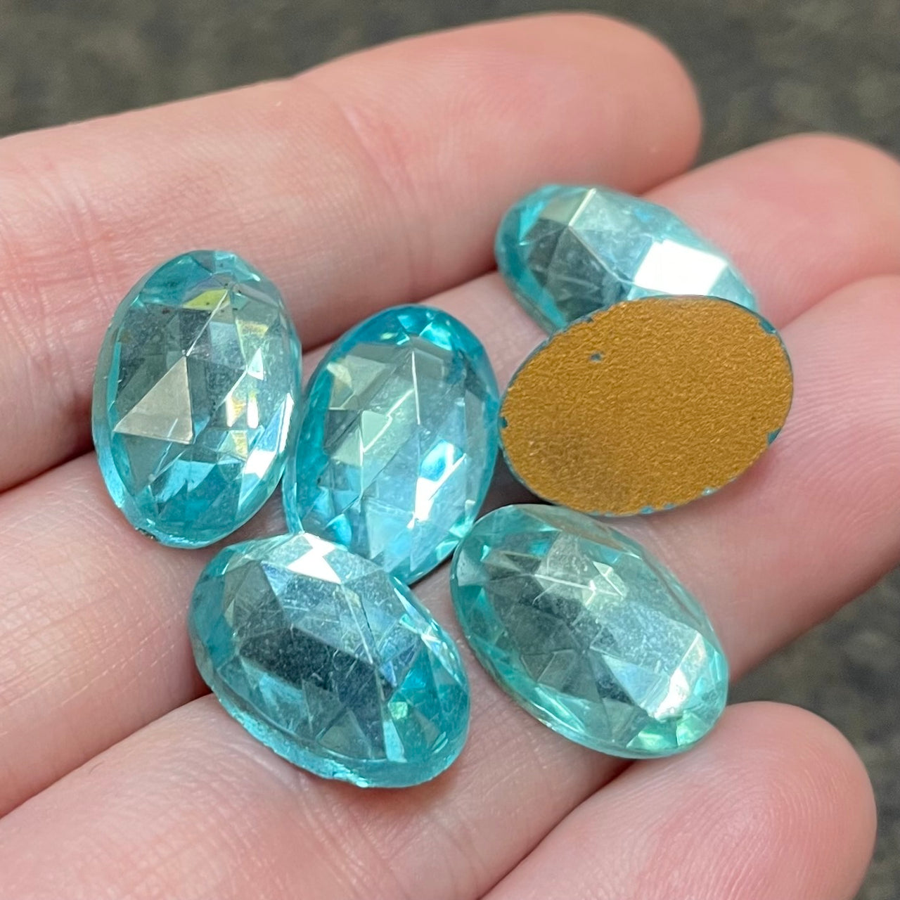 6 Vintage Blue Aqua Faceted Oval Glass Cabochons