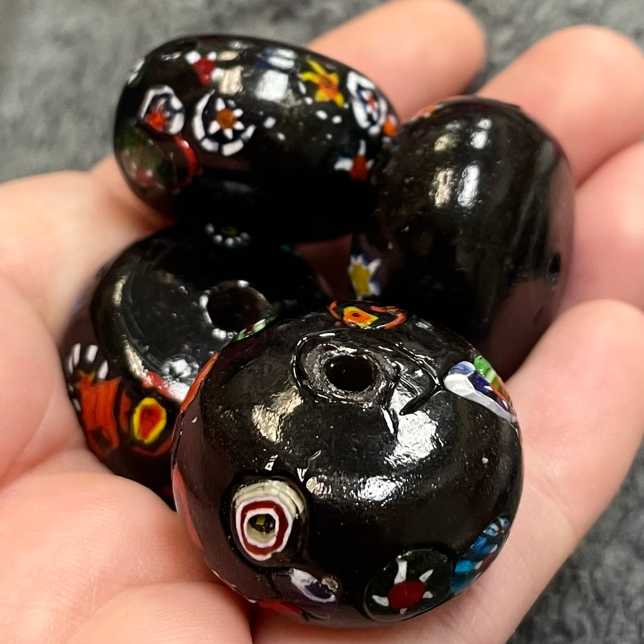 4 Vintage Black Millefiori Glass Beads