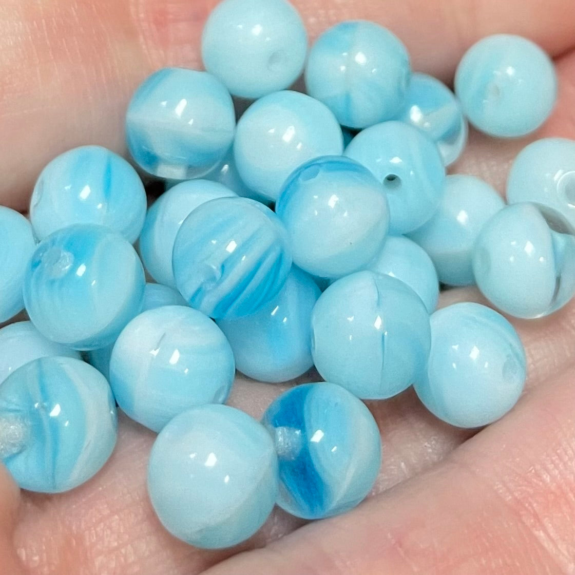 50 Vintage Blue Aqua White Striped Czech Round Glass Beads