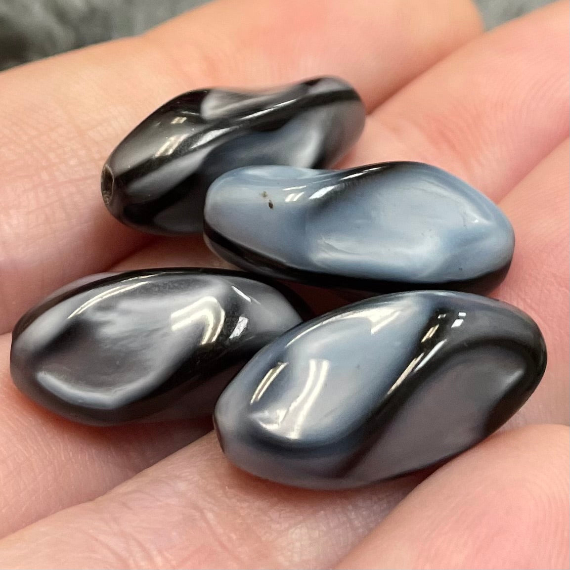 4 Vintage Grey German Givre Oval Glass Beads