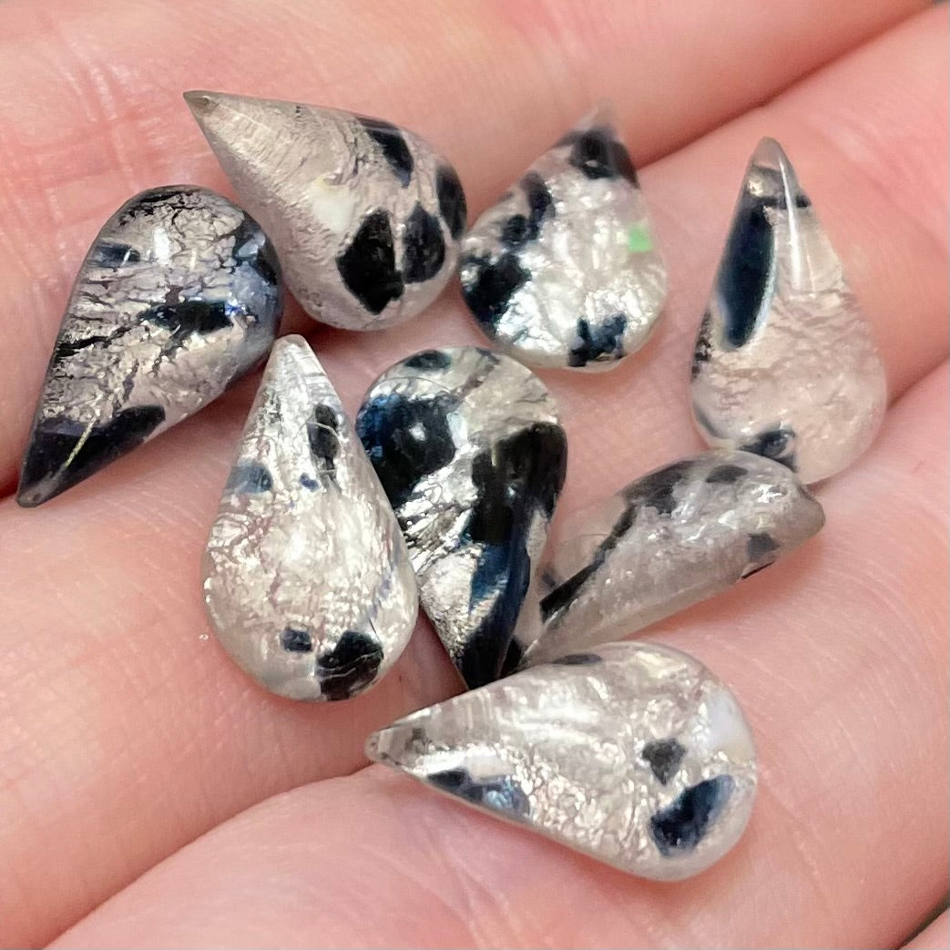 8 Vintage Silver Foil Blue Japan Pear Glass Cabochons