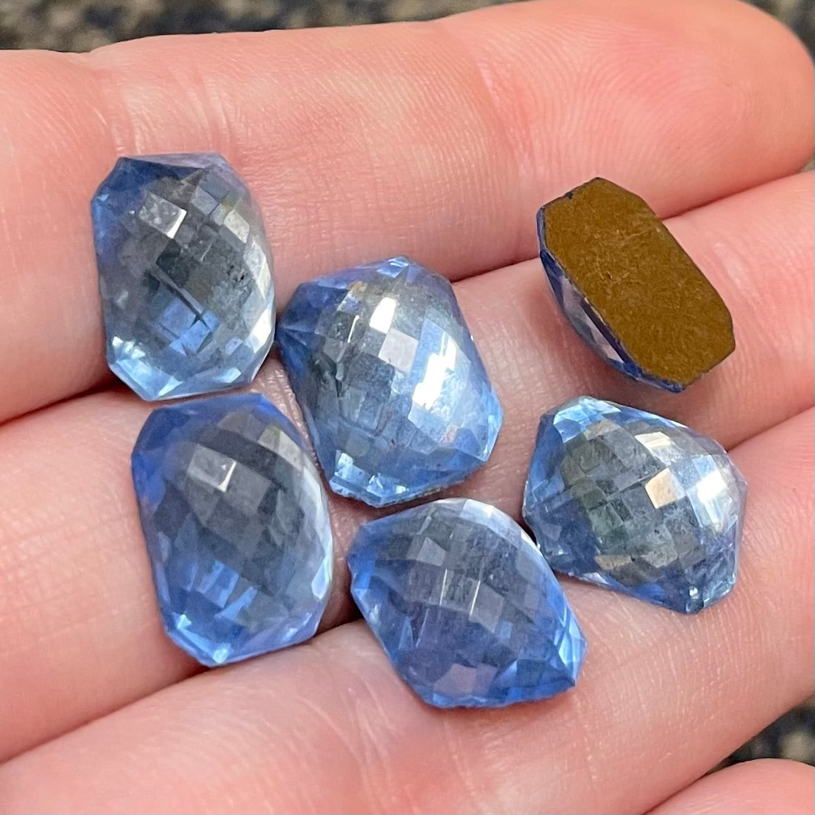 6 Vintage Blue Sapphire Light Faceted Octagon Glass Cabochons