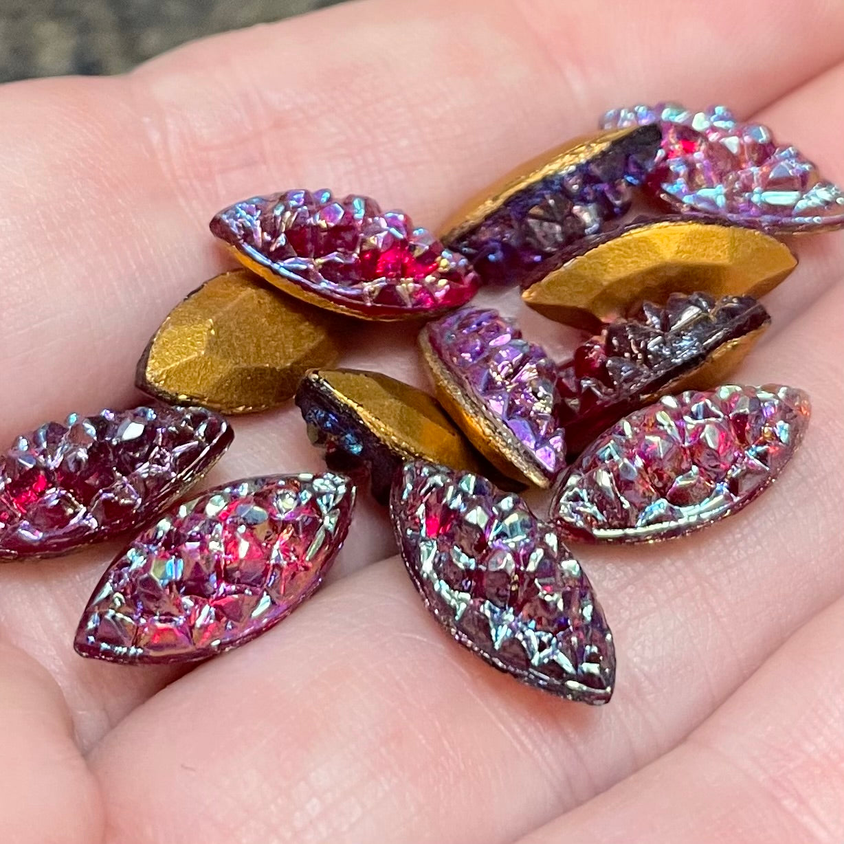 12 Vintage Red Siam Iridescent German Marquise Glass Stones