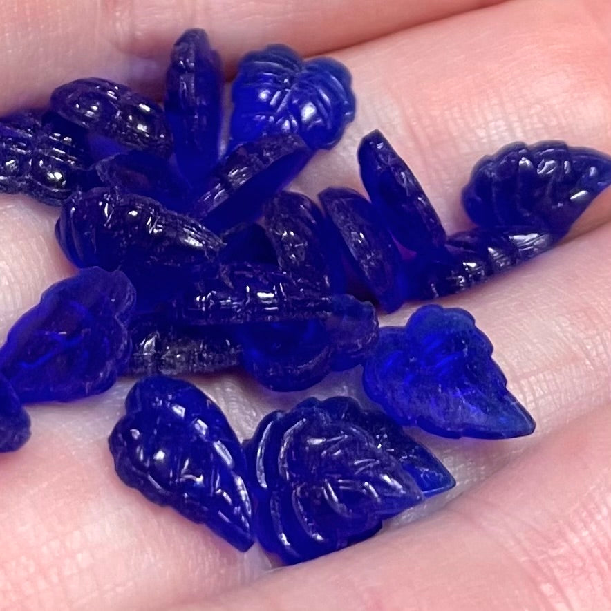 24 Vintage Blue Cobalt German Leaf Glass Stones