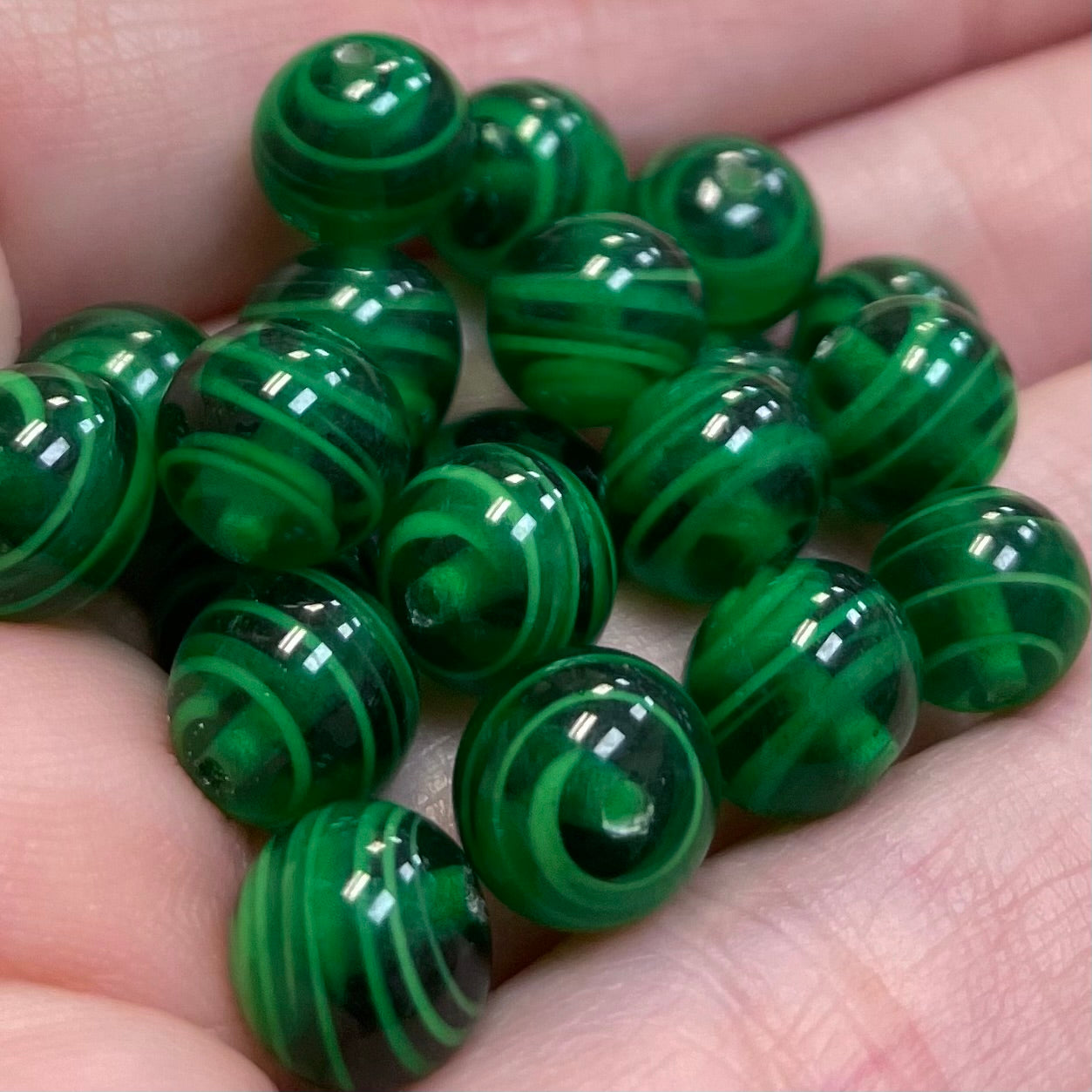 20 Vintage Green Japan Striped Round Glass Beads
