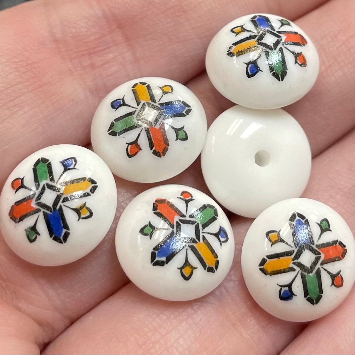 6 Vintage White Japan Fancy Glass Button Stones