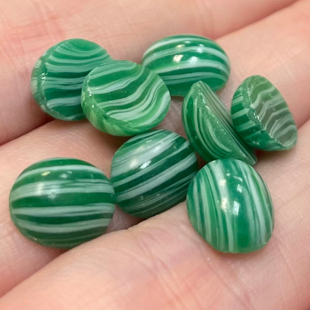 8 Vintage Green White Striped Oval Glass Cabochons