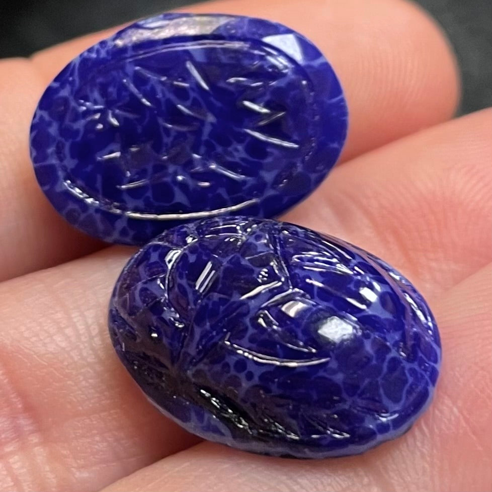 2 Vintage Blue Lapis Japan Scarab Oval Glass Cabochons