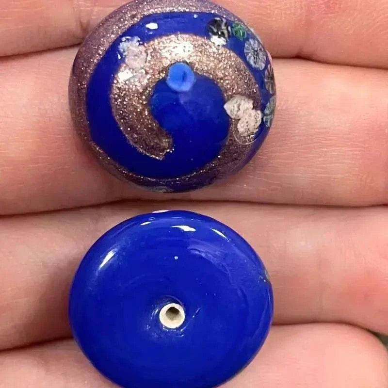 1 Vintage Blue Bronze Japan Round Glass Button Front - Sea Beads