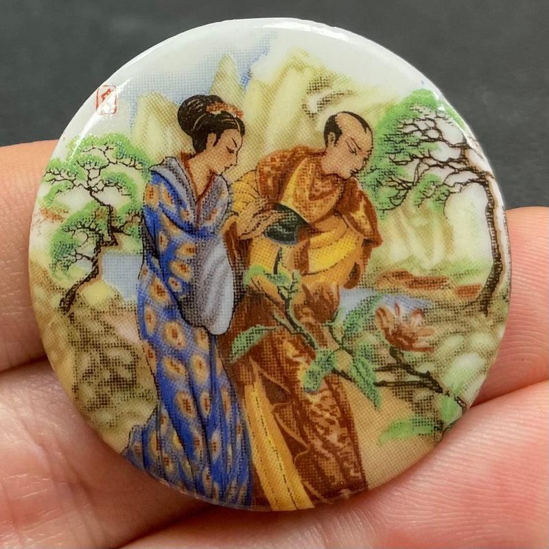 1 Vintage Oriental Garden Round Glass Cabochon - Sea Beads
