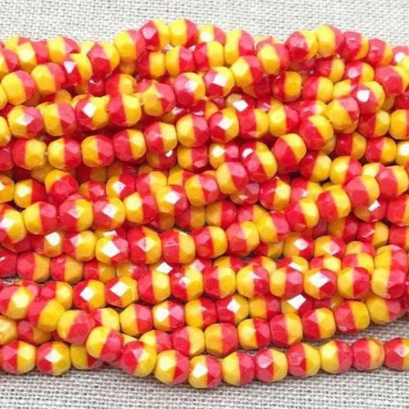100 Vintage Red Yellow Czech Fire Polished Glass Beads - Sea Beads