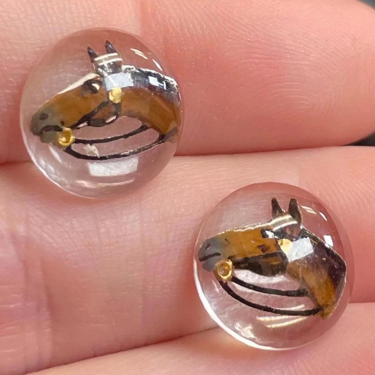 2 Vintage Brown Horse Intaglio Round Glass Cabochons #8143