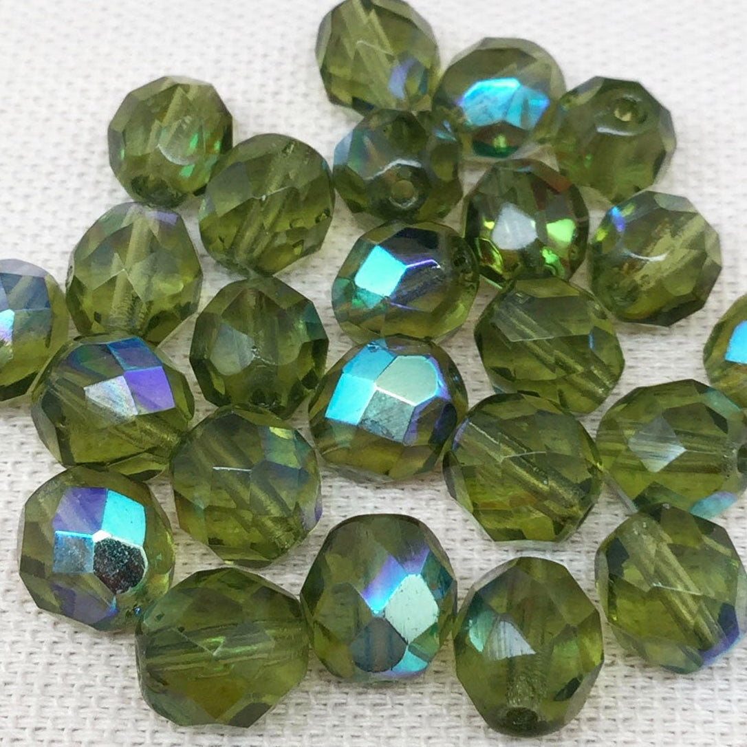 25 AB Olivine Green Czech Fire Polished Glass Beads