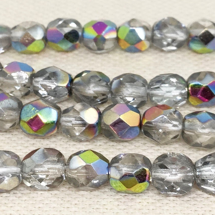 50 AB Translucent Silver Czech Faceted Glass Beads 6mm