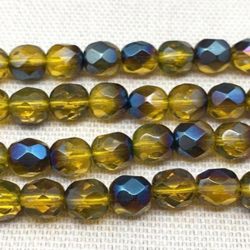 50 Yellow Gold Azure Czech Fire Polished Glass Beads