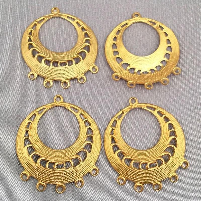 4 Vintage Brass Five Strand Chandelier Pendant Earring Components