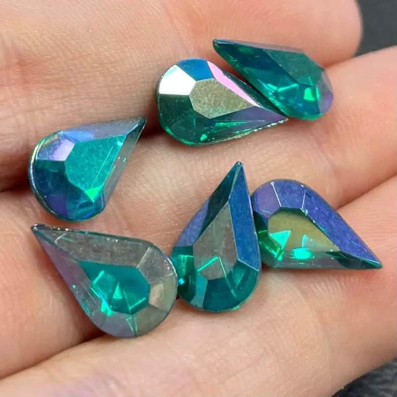12 Vintage Green Emerald AB German Pear Glass Stones