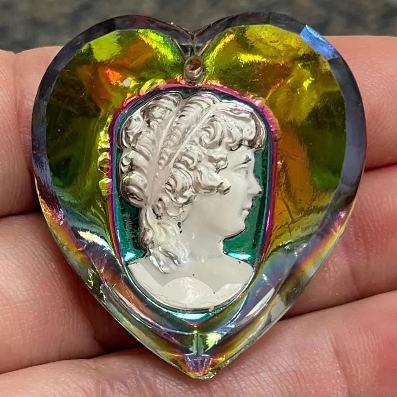 1 Vintage Vitrail Cameo Heart Glass Pendant