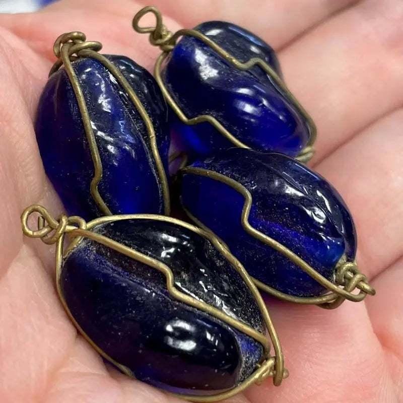 4 Vintage Blue Cobalt Wire Wrapped Glass Connectors