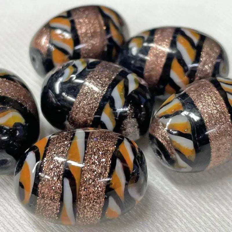 6 Vintage Black Aventurine Striped Oval Glass Beads