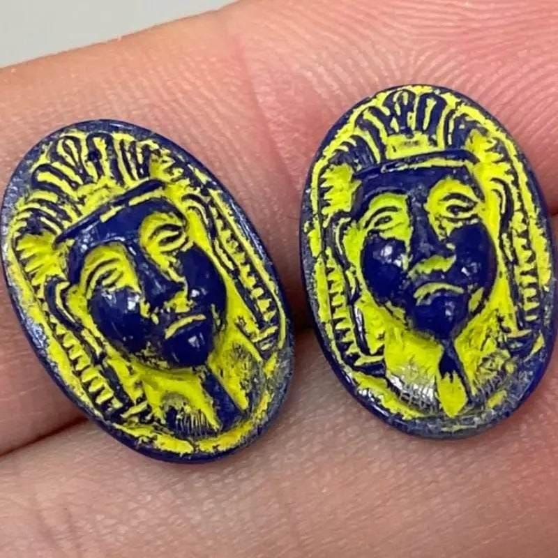 4 Vintage Blue Egyptian King Glass Cabochons