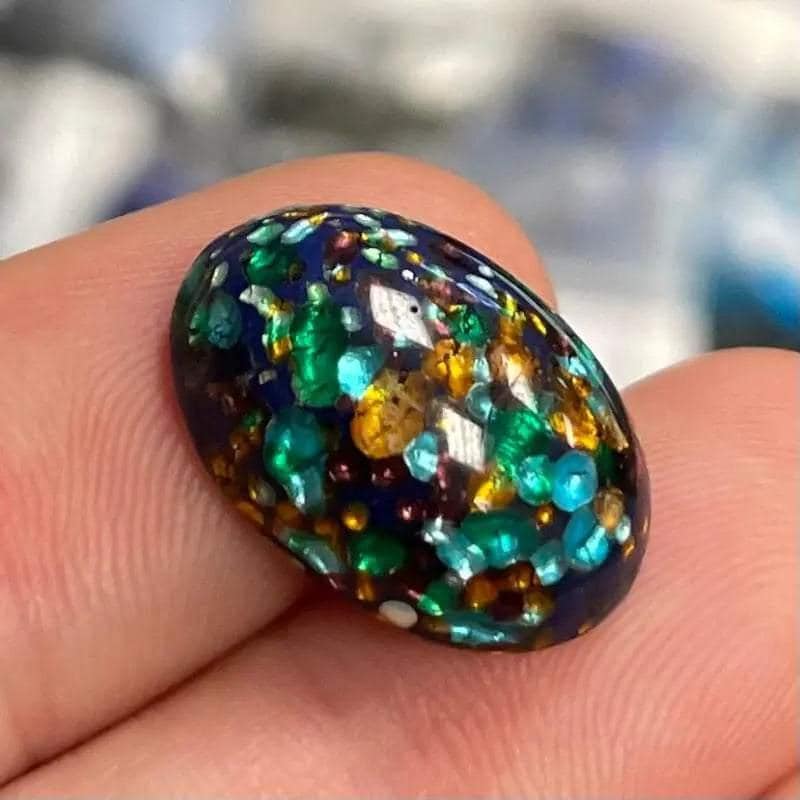 2 Vintage Blue Japan Foil Cherry Brand Glass Cabochons