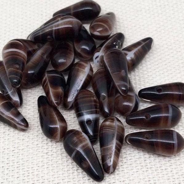 25 Dark Brown Striped Czech Briolette Drop Glass Beads 12mm