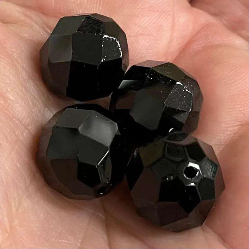 8 Vintage Black Faceted Large Round Glass Beads