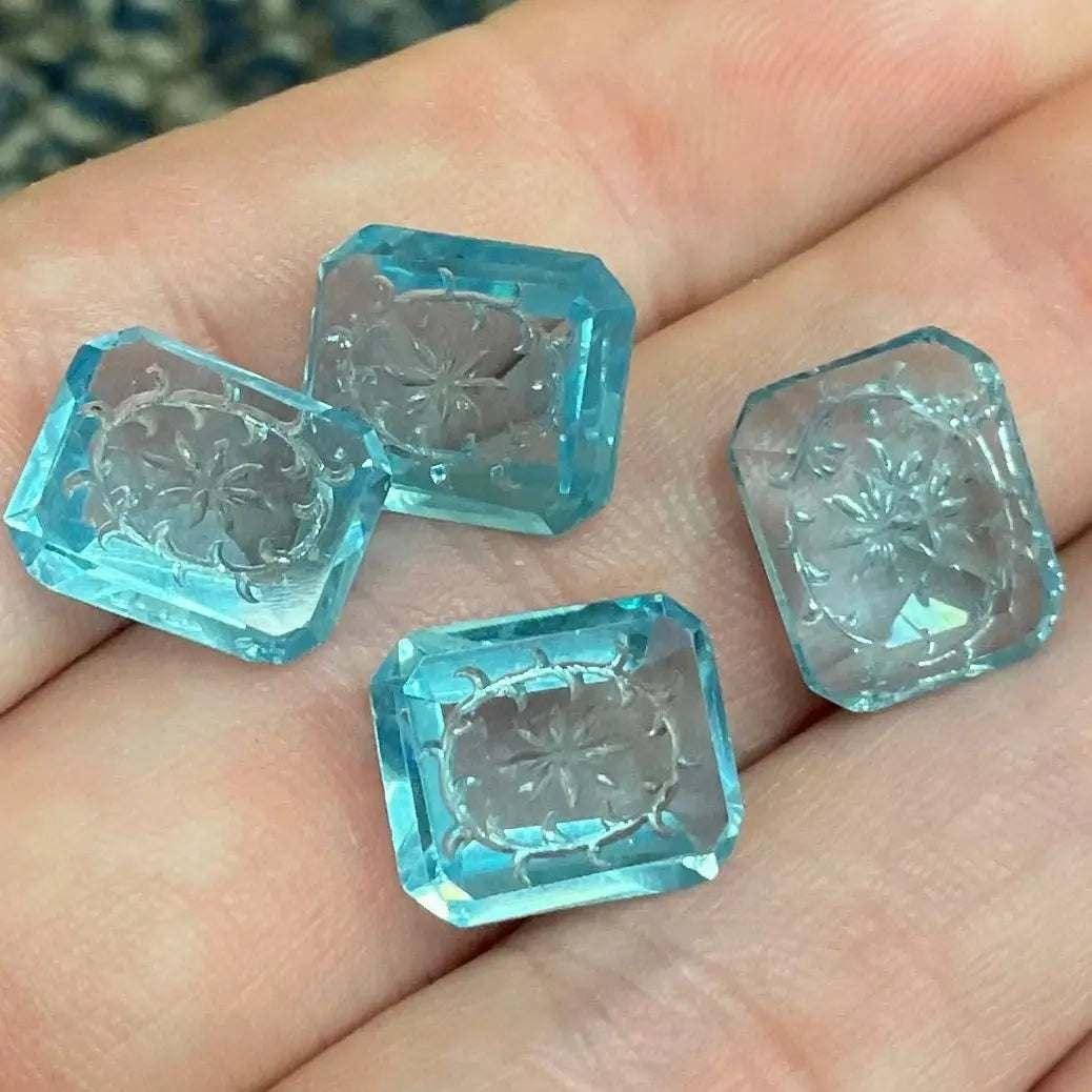 4 Vintage Blue Aqua Etched Floral Octagon Glass Stones