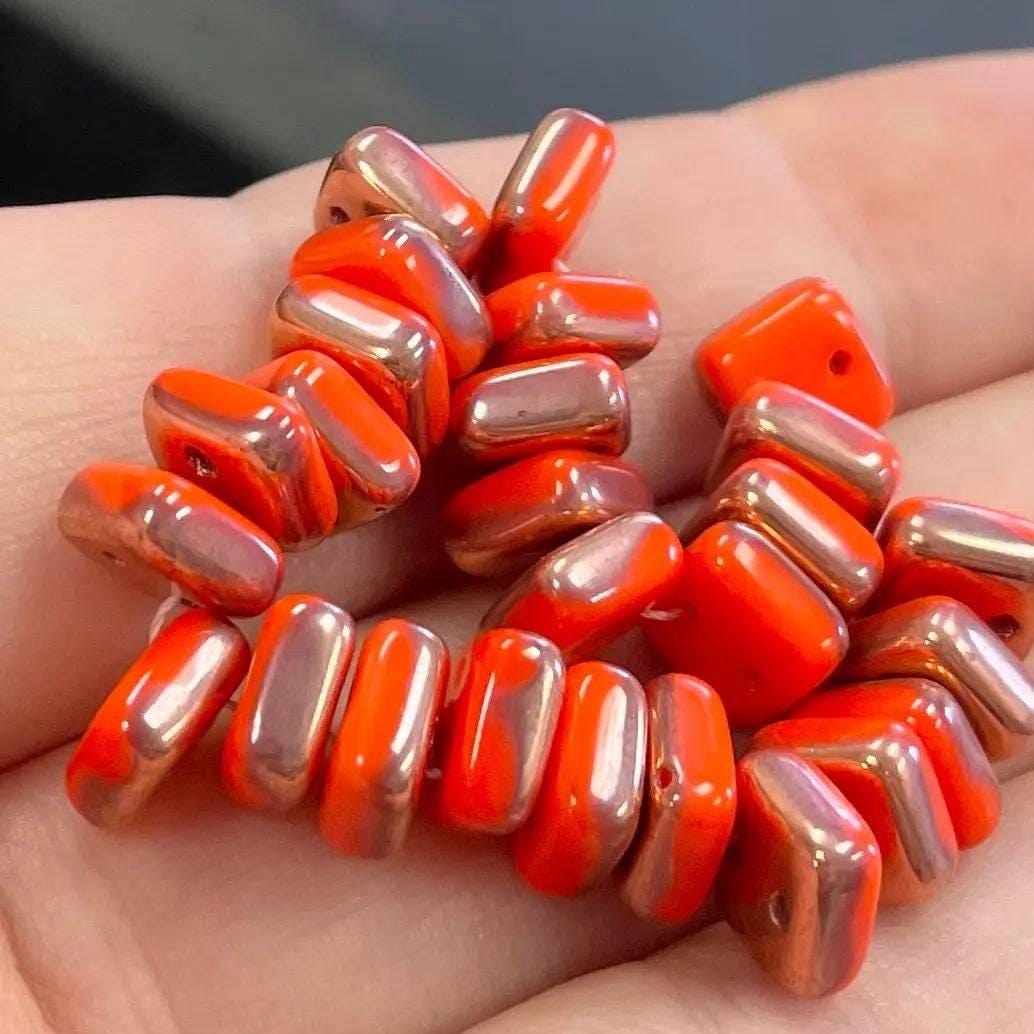 50 Coral Apollo Gold Two Hole Czech Chexx Square Glass Beads