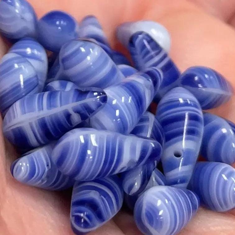 50 Vintage Blue Czech Striped Briolette Glass Beads