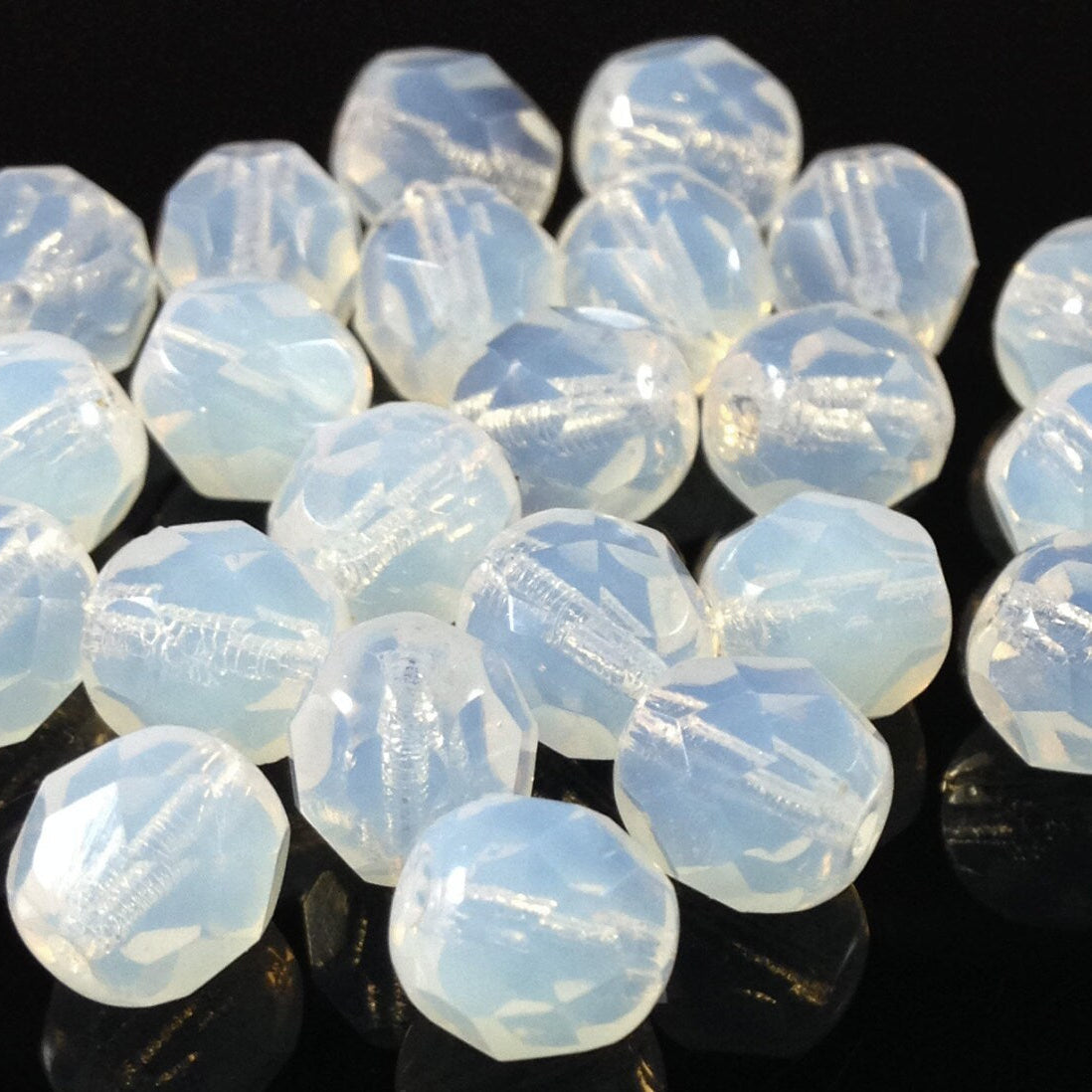 50 White Opalescent Czech Glass Beads Faceted 6mm